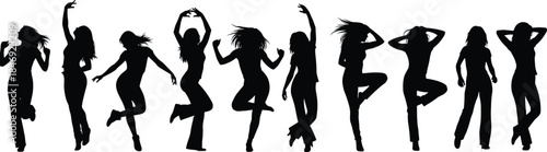 Silhouettes of dancing women, energetic party girls, female disco dancers, clubbing people vector illustration set, young music motion poses collection, black isolated