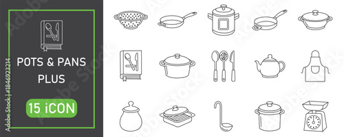 Essential Kitchenware Line Icons: Pots, Pans, Cookware, Utensils, and Culinary Accessories for Home Chefs.