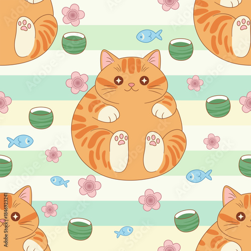 Cute Chubby Ginger Cat and Sakura Japanese Seamless Pattern. Kawaii Cat. Zen Cat,  Matcha Tea, and Cherry Blossom Repeat Illustration. Adorable Orange Tabby Cat in Japanese Style Pattern.