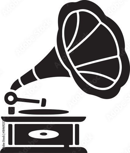 Black silhouette of a vintage gramophone with a horn and turntable antique music