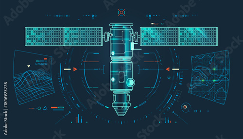 concept of space engineering or space industry, graphic of Satellite in front view with topographic map and wireframe surface interface