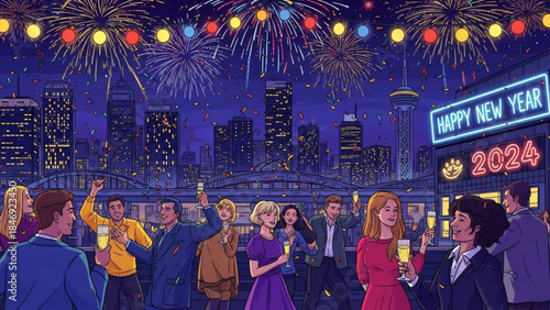 Group of people celebrating new year's eve with fireworks and drinks in city, happy 2024