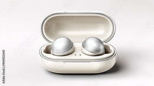 Sleek, metallic earbuds rest in a minimalist charging case