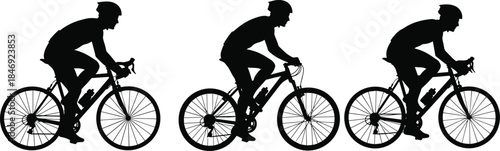 Vector Silhouettes Set of Cyclists Riding Road Bike, Mountain Bike, and Racing Bicycle, Showing Different Positions and Cycling Styles on White Background (24 words)