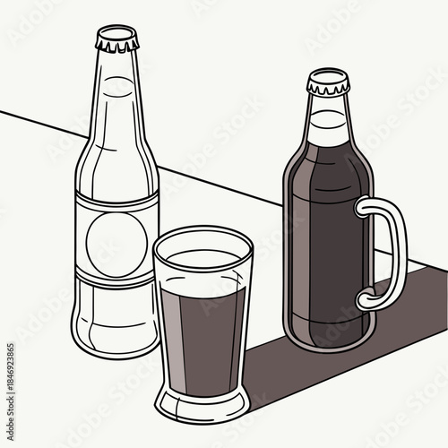 Of beer bottle and glass with soda bottle drink