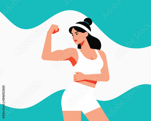 A woman in white workout clothes flexing her arm muscle with confidence and strength