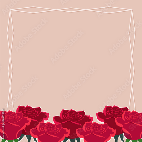 Greeting card with red roses and elegant frame. Vector illustration.