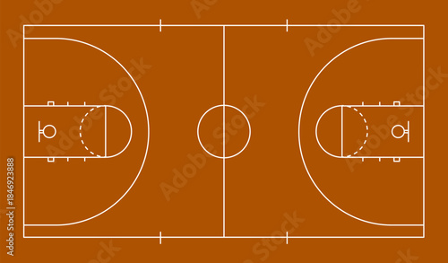 Top view of a professional basketball court with a brown wooden floor, white boundary lines including the three-point arc and center circle, and a clean minimalist sports background