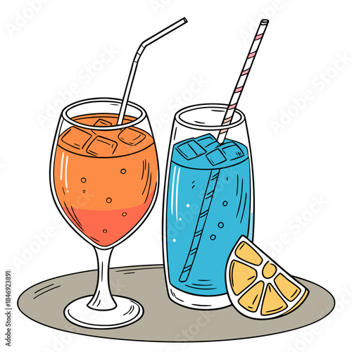 Two glasses of colorful cocktails with straws and ice