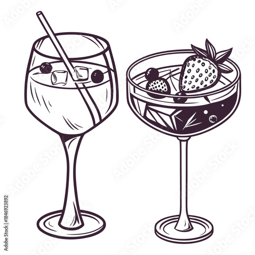 Two Wine Glasses with Drinks and Garnishes cocktails