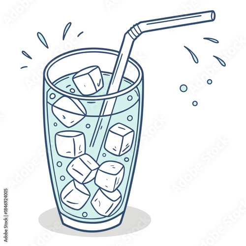 Glass of water with ice cubes and straw drink