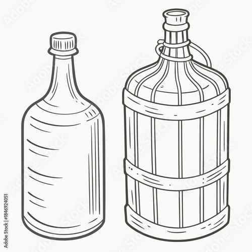 Black and white of a bottle and a jug line outline