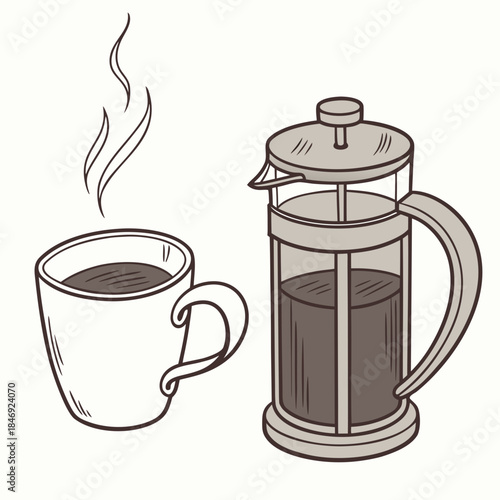 French press coffee maker and cup coffee cup hot coffee