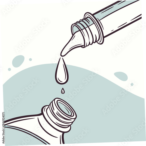 Dropper pouring liquid into bottle with spilled liquid
