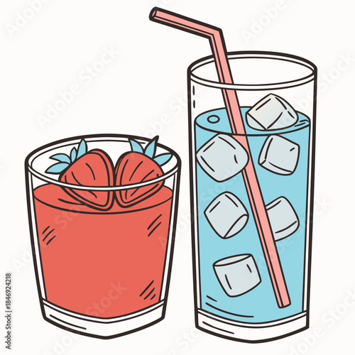 Two glasses of colorful drinks with ice and straw