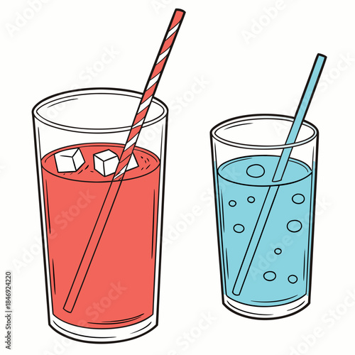 Two glasses of colorful drinks with straws and ice 1