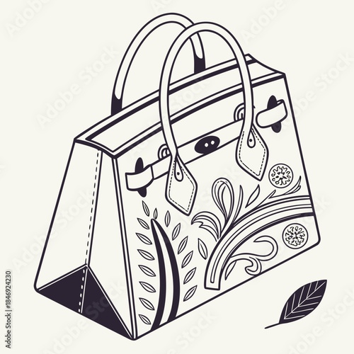 Black and white of a decorated handbag with a leaf
