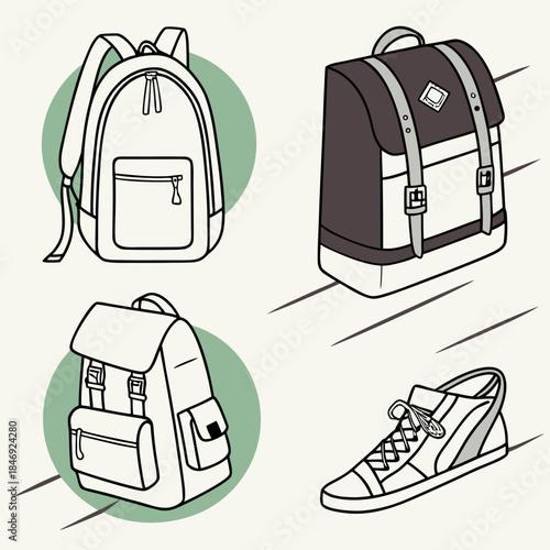 Of backpacks and sneaker in simple line style school bag