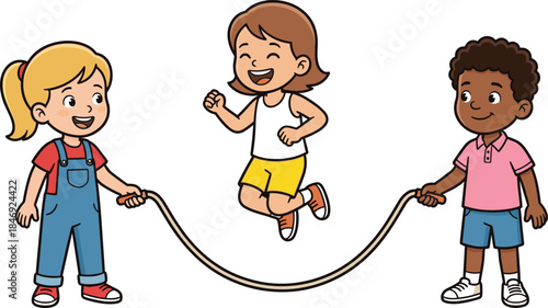 Jump rope kids, outdoor play, cartoon children, joyful activity, teamwork, physical exercise, cheerful mood, fun scene, vector design, flat vector illustration