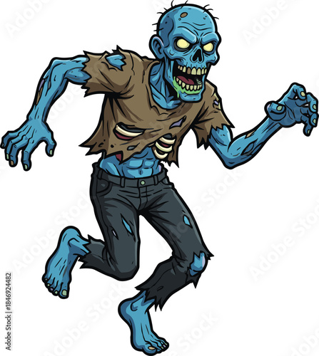Running zombie, cartoon undead, blue skin, glowing eyes, tattered clothes, scary pose, Halloween theme, horror character, vector art, flat vector illustration