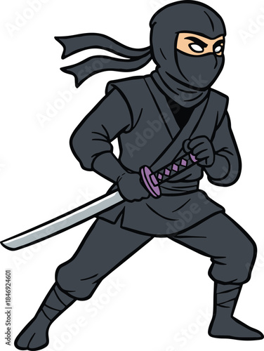 Cartoon ninja character, black outfit, katana sword, crouching pose, stealth action, martial arts, Japanese warrior, combat ready -flat vector illustration