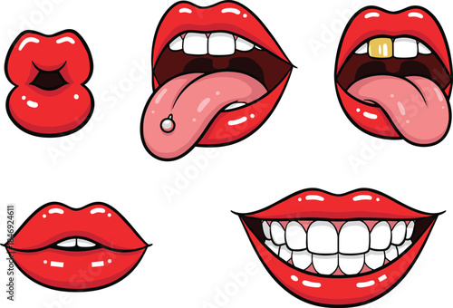 Cartoon red lips expressions, tongue out, gold tooth, smile, kiss, emoji style, pop art, playful icons -flat vector illustration
