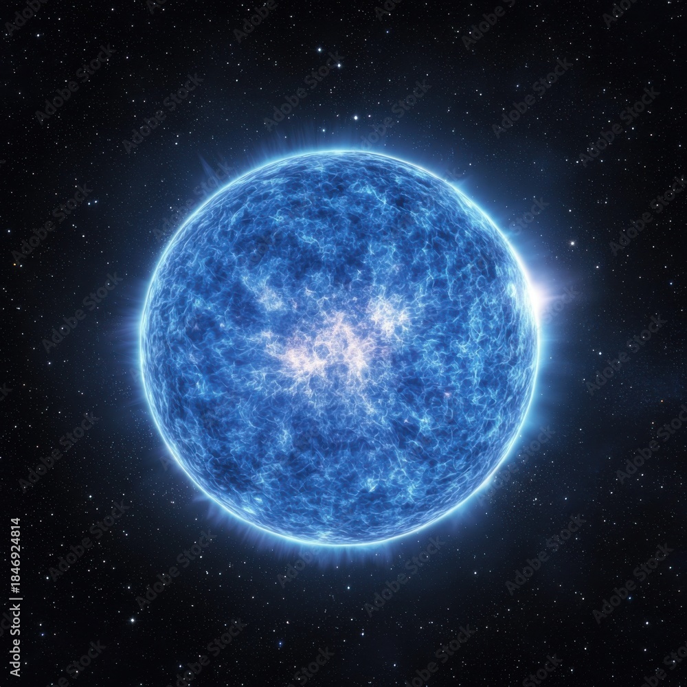 Obraz premium Blue giant star glowing intensely, revealing solar flares and sunspots amid sparkling stellar landscape, illuminating infinite dark cosmic background