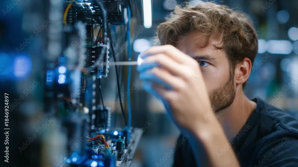 Engineering Testing Stock Images Handsome male electrical engineer testing a circuit board connected to ...