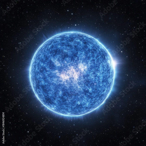 Blue giant star glowing intensely, revealing solar flares and sunspots amid sparkling stellar landscape, illuminating infinite dark cosmic background