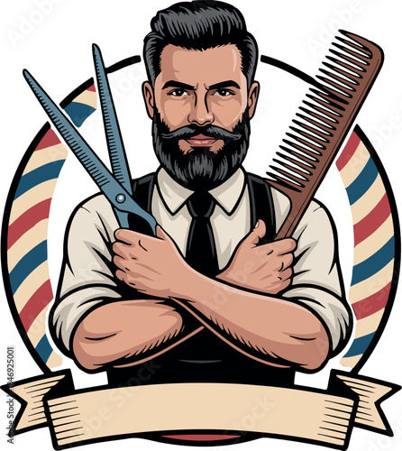 Retro Hipster Barber Man with Beard Holding Scissors and Comb. Vintage Vector Badge Illustration for T-shirt Design with Blank Ribbon.