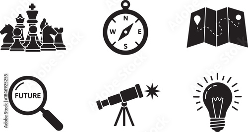 Black Solid Financial Planning Strategy Silhouettes Set of Six on White Background