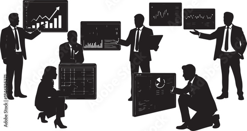 Black Solid Financial Risk Analysis Silhouettes Set of Six on White Background