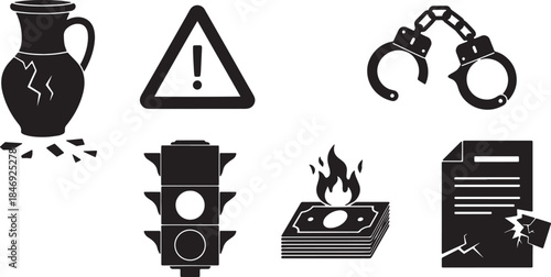Black Solid Financial Penalties Fines Silhouettes Set of Six on White Background