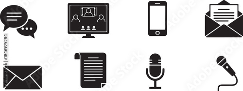 Black Solid Financial Multi Channel Communication Silhouettes Set of Six on White Background