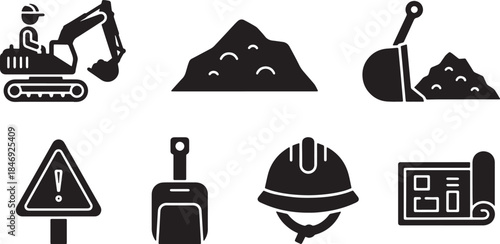 Black Solid Excavation and Earth Moving Silhouettes Set of Six on White Background