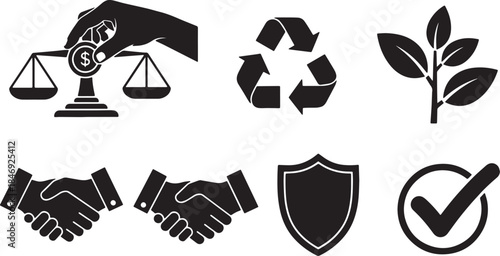 Black Solid Ethical Financial Practices Silhouettes Set of Six on White Background