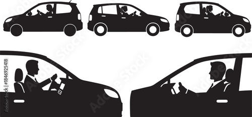 Black Solid Executive Business Driving Silhouettes Set of Six on White Background