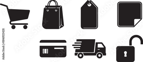 Black Solid E-Commerce Shopping Essentials Icon Set of Six Silhouettes