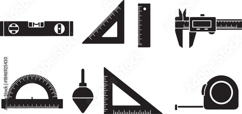 Black Solid Construction Essential Measuring Tools Silhouettes Set of Six