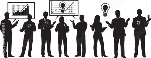 Black Solid Entrepreneur Investor Pitch Silhouettes Set of Six on White Background