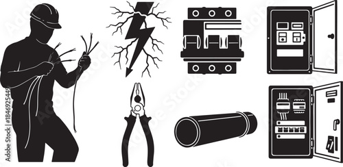 Black Solid Construction Electrician Tasks and Symbol Silhouettes Set of Six