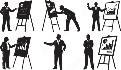 Black Solid Easel Presentation Silhouettes Set of Six on White Background
