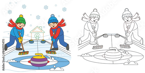 Vector illustration of kids playing curling winter sport with coloring book page outline. Two boys sweeping ice with brooms and stone for educational activity