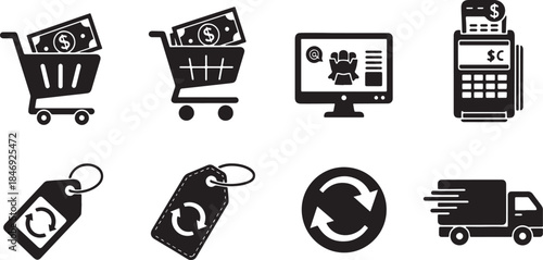 Black Solid E-commerce Retail Banking Silhouettes Set of Six on White Background
