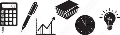 Black Solid Efficiency Productivity Finance Silhouettes Set of Six on White Background