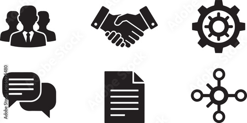 Black Solid E-Commerce Team Collaboration Silhouettes Set of Six on White Background