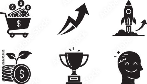 Black Solid E-Commerce Success and Growth Silhouettes Set of Six on White Background