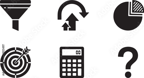 Black Solid E-Commerce Business Analysis Silhouettes Set of Six on White Background