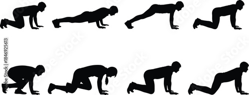 Athletic male and female silhouettes performing high-intensity burpees or push-ups, illustrating bodyweight fitness, strength, and dynamic full-body workout exercises on white background.