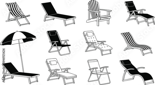 Beach lounge chair and sun umbrella silhouettes collection showing outdoor deck chairs recliners and patio furniture isolated on white background